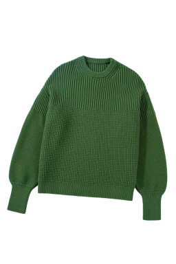 Vineyard Green Solid Color Mixed Textured Knitted Crew Neck Sweater