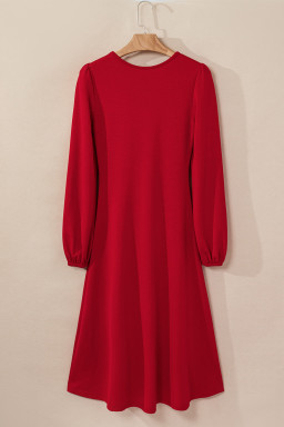 Fiery Red Solid Color Ruched Detail Long Sleeve Midi Dress