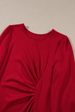 Fiery Red Solid Color Ruched Detail Long Sleeve Midi Dress