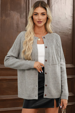 Gray Solid Color Textured Detail Button Down Long Sleeve Sweater Cardigan