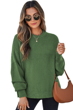 Vineyard Green Solid Color Mixed Textured Knitted Crew Neck Sweater