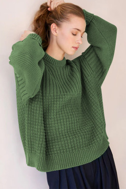 Vineyard Green Solid Color Mixed Textured Knitted Crew Neck Sweater