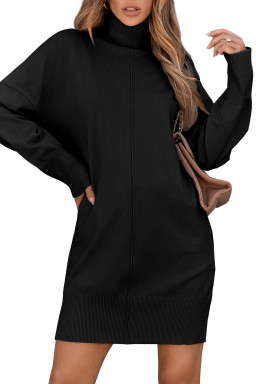 Black Solid Color Turtleneck Drop Shoulder Loose Sweater Dress