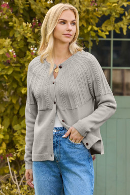 Gray Solid Color Textured Detail Button Down Long Sleeve Sweater Cardigan
