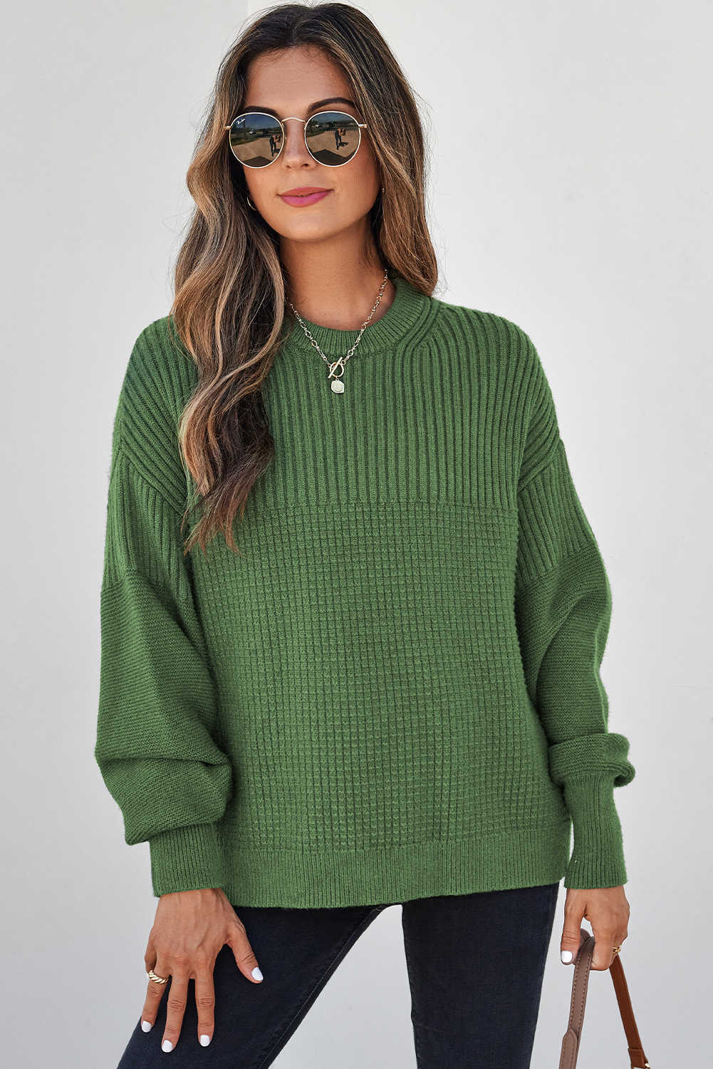 Vineyard Green Solid Color Mixed Textured Knitted Crew Neck Sweater