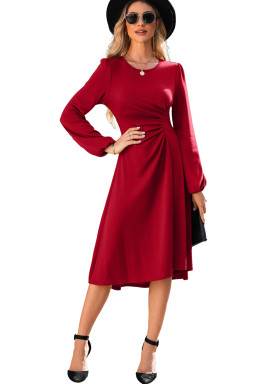 Fiery Red Solid Color Ruched Detail Long Sleeve Midi Dress
