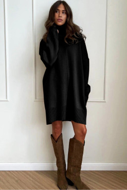 Black Solid Color Turtleneck Drop Shoulder Loose Sweater Dress