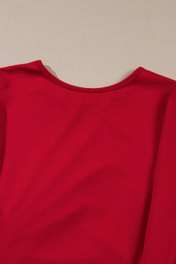 Fiery Red Solid Color Ruched Detail Long Sleeve Midi Dress