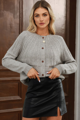 Gray Solid Color Textured Detail Button Down Long Sleeve Sweater Cardigan