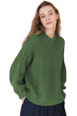 Vineyard Green Solid Color Mixed Textured Knitted Crew Neck Sweater