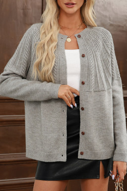 Gray Solid Color Textured Detail Button Down Long Sleeve Sweater Cardigan