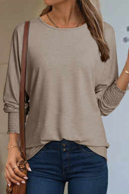 Simply Taupe Shirred Cuffs Solid Long Sleeve T Shirt