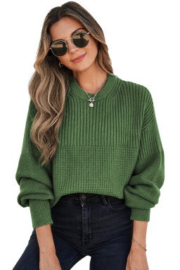 Vineyard Green Solid Color Mixed Textured Knitted Crew Neck Sweater