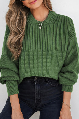 Vineyard Green Solid Color Mixed Textured Knitted Crew Neck Sweater