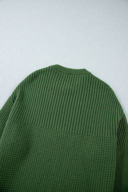 Vineyard Green Solid Color Mixed Textured Knitted Crew Neck Sweater