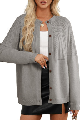 Gray Solid Color Textured Detail Button Down Long Sleeve Sweater Cardigan