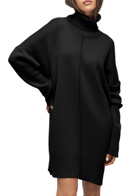Black Solid Color Turtleneck Drop Shoulder Loose Sweater Dress