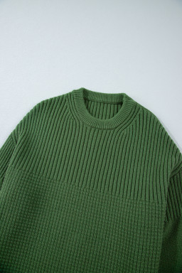 Vineyard Green Solid Color Mixed Textured Knitted Crew Neck Sweater