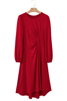 Fiery Red Solid Color Ruched Detail Long Sleeve Midi Dress
