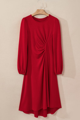 Fiery Red Solid Color Ruched Detail Long Sleeve Midi Dress