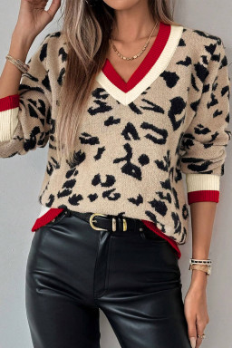 Khaki Leopard Pattern V-Neck Contrast Rib Knitted Sweater