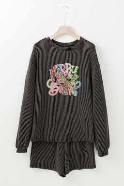 Carbon Grey Twisted Ribbed Merry & Bright Sequin Graphic Long Sleeve Top 2pcs Short Set