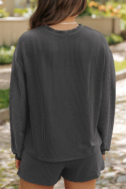 Carbon Grey Twisted Ribbed Merry & Bright Sequin Graphic Long Sleeve Top 2pcs Short Set