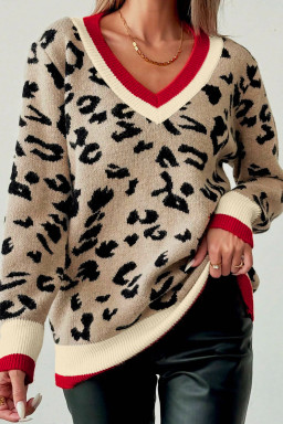 Khaki Leopard Pattern V-Neck Contrast Rib Knitted Sweater