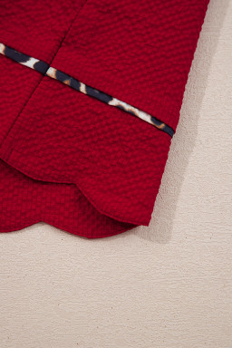 Fiery Red Collar V Neck Leopard Contrasted Trim Textured Blouse