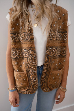 Brown Sherpa Paisley Print Pocketed Western Fashion Vest Jacket