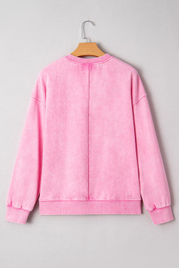 Bright Pink Mineral Wash Crossed Crew Neck Drop Shoulder Loose Sweatshirt