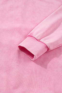 Bright Pink Mineral Wash Crossed Crew Neck Drop Shoulder Loose Sweatshirt