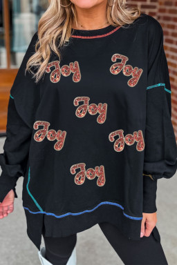 Black Sequin Joy Letter Graphic Contrast Seam Detail Drop Shoulder Sweatshirt