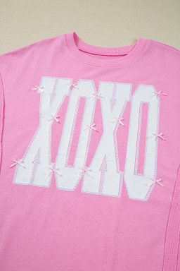 Pink Bow Sequin XOXO Letter Graphic Exposed Seam Baggy Sweatshirt