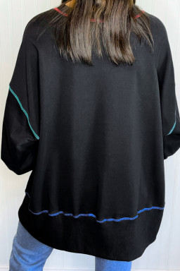 Black Sequin Joy Letter Graphic Contrast Seam Detail Drop Shoulder Sweatshirt