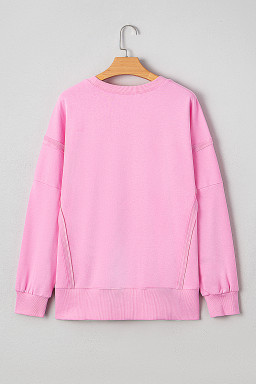Pink Bow Sequin XOXO Letter Graphic Exposed Seam Baggy Sweatshirt