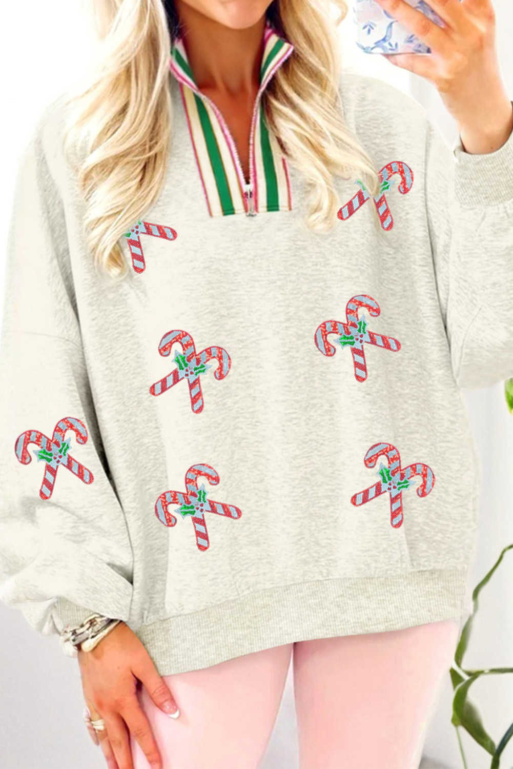 Light Grey Sequin Candy Canes Contrast Collar Patchwork Loose Sweatshirt