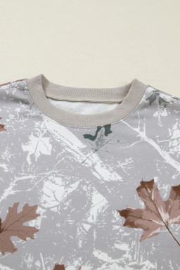 Gray Maple Leaf Camo Print Varsity Striped Sleeve Casual Sweatshirt