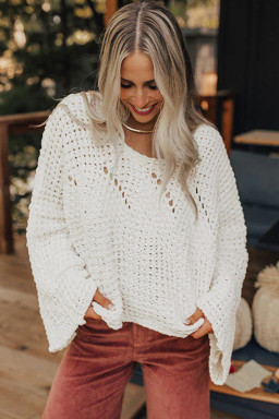 White Hollowed Detail Wide Sleeve Loose Pullover Sweater