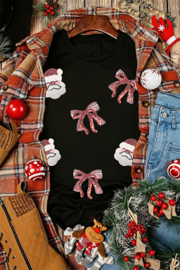 Black Sequined Santa Claus Bow Patched Pattern Christmas Holiday Festive T Shirt