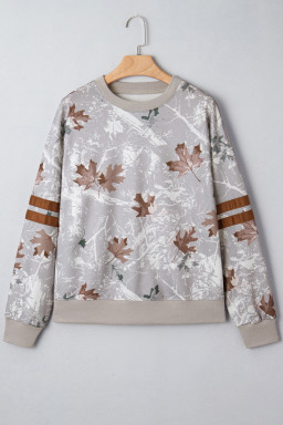 Gray Maple Leaf Camo Print Varsity Striped Sleeve Casual Sweatshirt