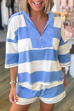 Sky Blue Stripe Seam Detail Half Zip Tee Casual Shorts 2pcs Set
