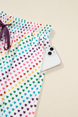 White Pride Heart Print Valentines Long 2pcs Pajama Set