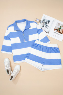 Sky Blue Stripe Seam Detail Half Zip Tee Casual Shorts 2pcs Set