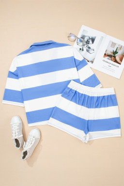 Sky Blue Stripe Seam Detail Half Zip Tee Casual Shorts 2pcs Set