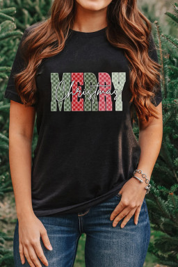 Black Plaid Checkered MERRY Christmas Graphic Crew Neck Tee