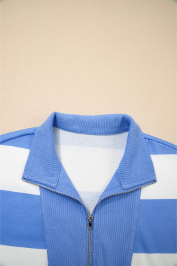 Sky Blue Stripe Seam Detail Half Zip Tee Casual Shorts 2pcs Set