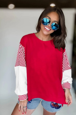 Fiery Red Striped Patchwork Sleeve Colorblock Sweatshirt