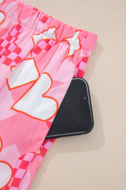 Pink Heart Print Shirt Style Silky Short Pajama Set