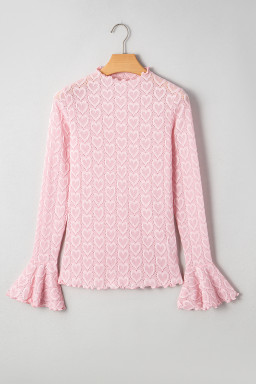 Gossamer Pink Heart Jacquard Flare Sleeve Mock Neck Fitted Top
